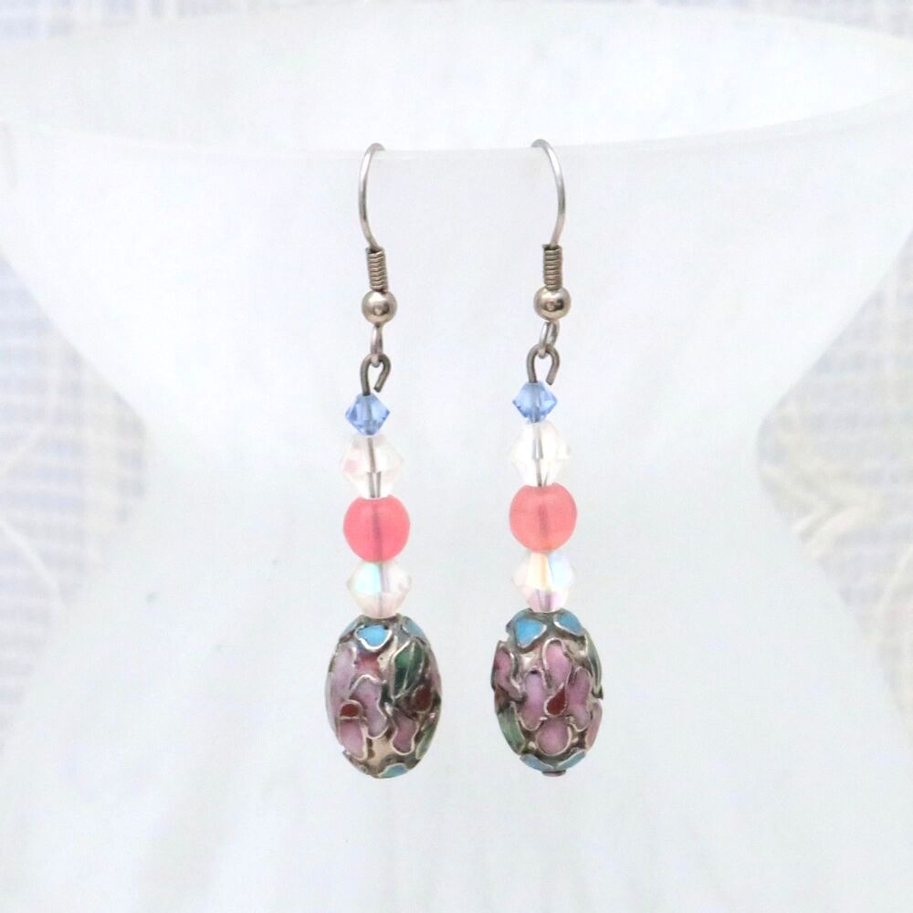 Handmade Dangle Earrings, Blue Cloisonne Bead, Crystal, Dressy Business Jewelry